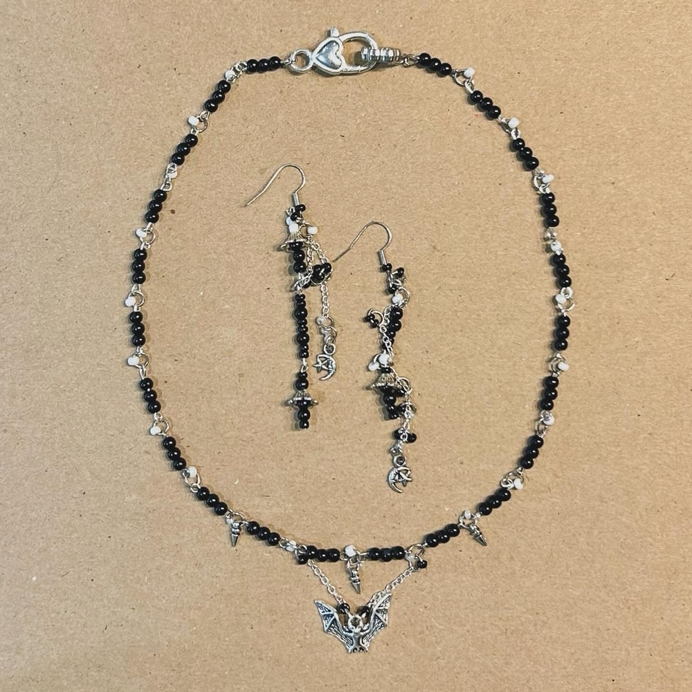HANDMADE! Bat moon and star earring necklace set